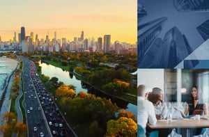 3 image collage of Chicago downtown views and a team collaborating